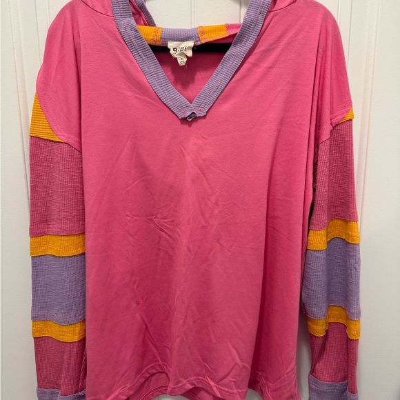 BiBi Tops - BiBi Pink Long Sleeve Top with Colorful Stripes